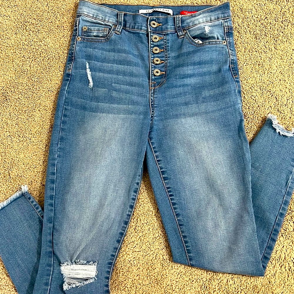 Skinny Distressed Button Fly Skinny Jeans